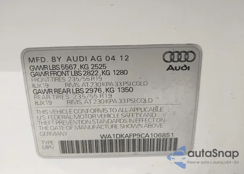2012 Audi Q5 3.2 Premium Plus из США, поврежденный, VIN WA1DKAFP9CA106851